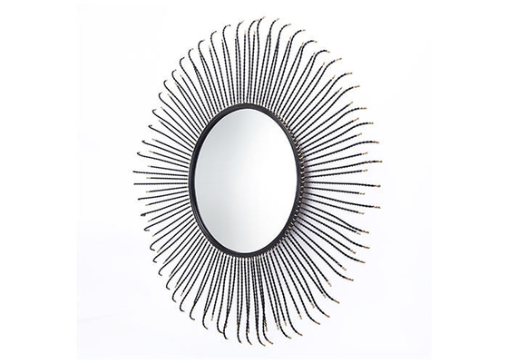 Metal Round Sunburst Wall Mirror Black Frame Dotted With Gold Color For Wall Decoration