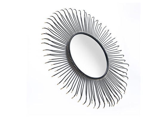 Metal Round Sunburst Wall Mirror Black Frame Dotted With Gold Color For Wall Decoration