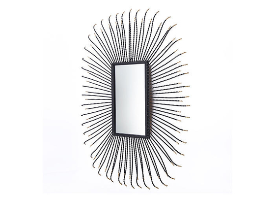 Metal Square Sunburst Wall Mirror Black Frame Dotted With Gold Color For Wall Decoration